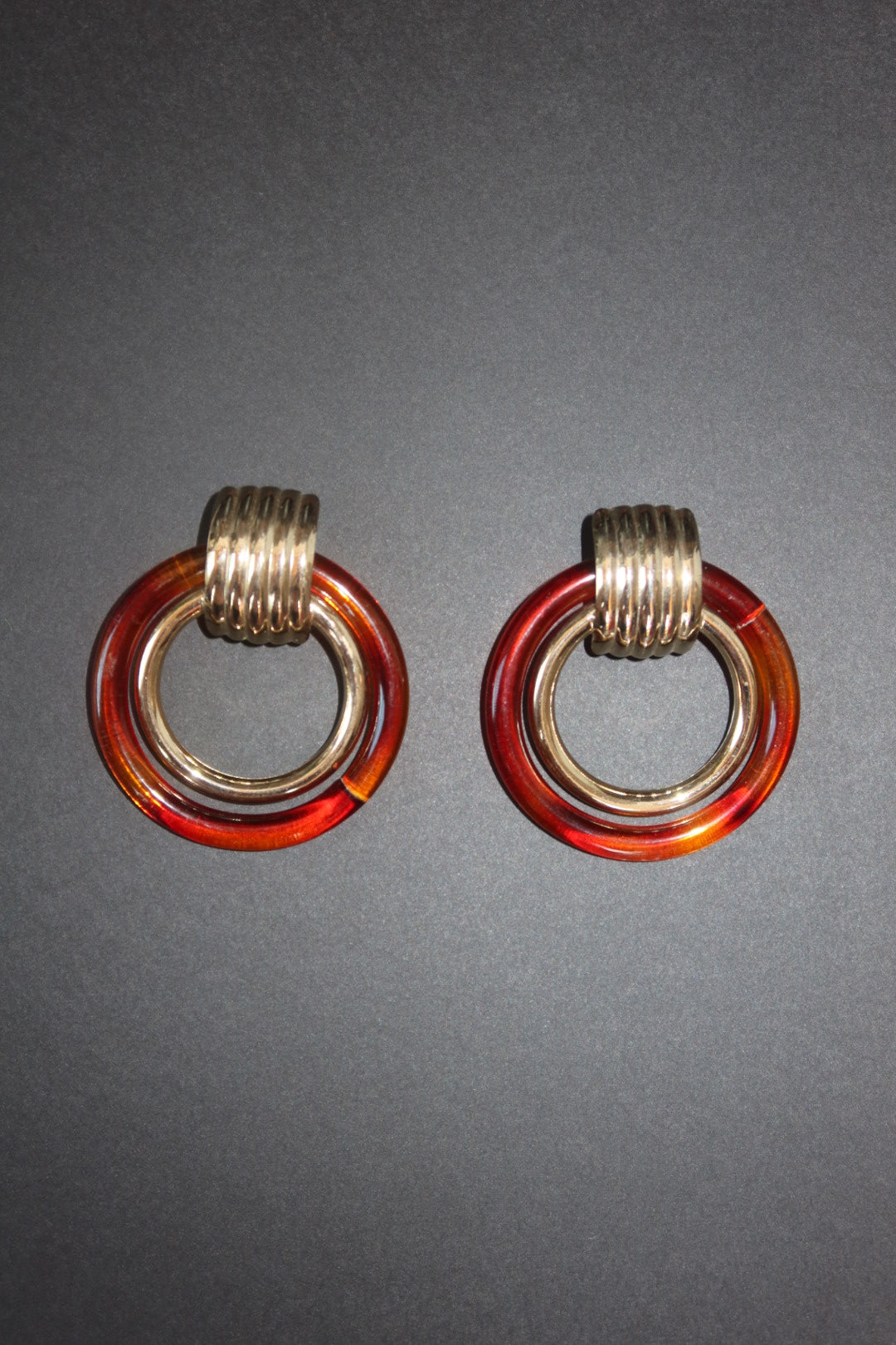 Vintage Amber Lucite Gold Tone Double Hoop Door Knocker Earrings