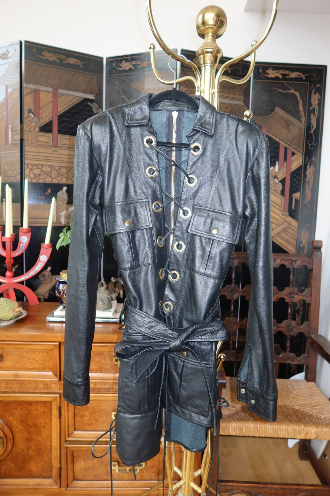 Vintage Leather Lace-Up Grommet Mini Dress