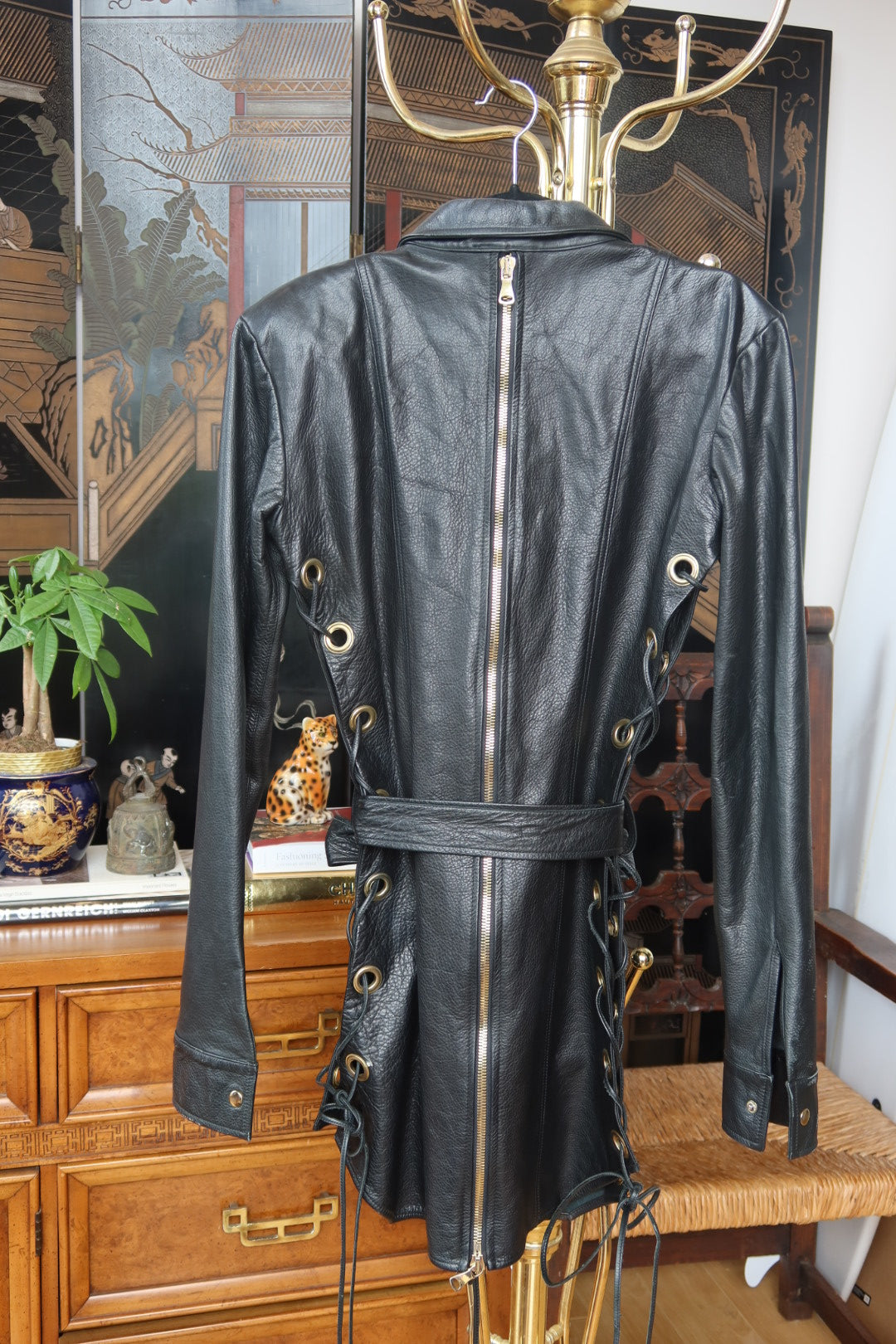 Vintage Leather Lace-Up Grommet Mini Dress