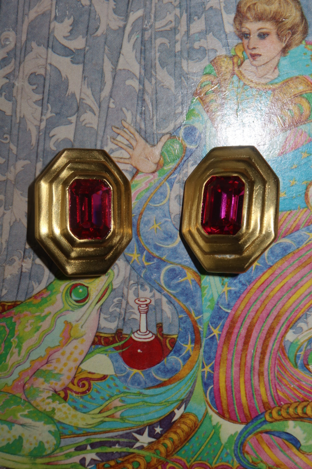 Vintage Matte Gold Octagonal Bezel Set Fuchsia Crystal Clip Earrings