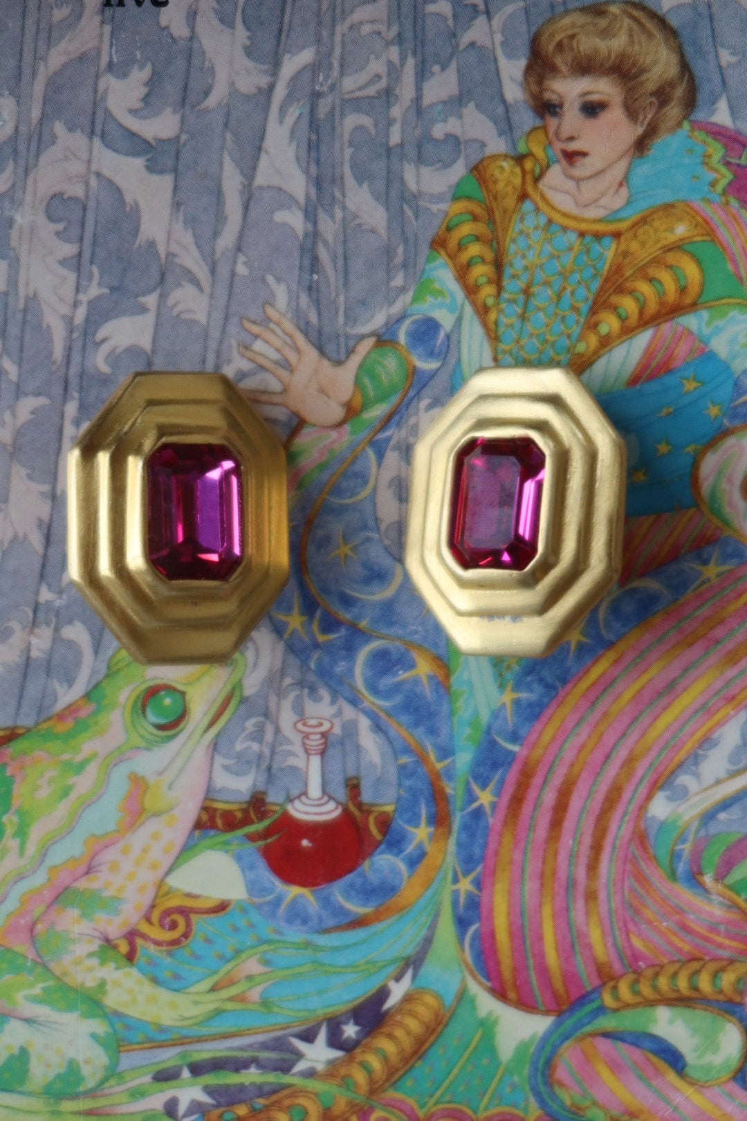 Vintage Matte Gold Octagonal Bezel Set Fuchsia Crystal Clip Earrings