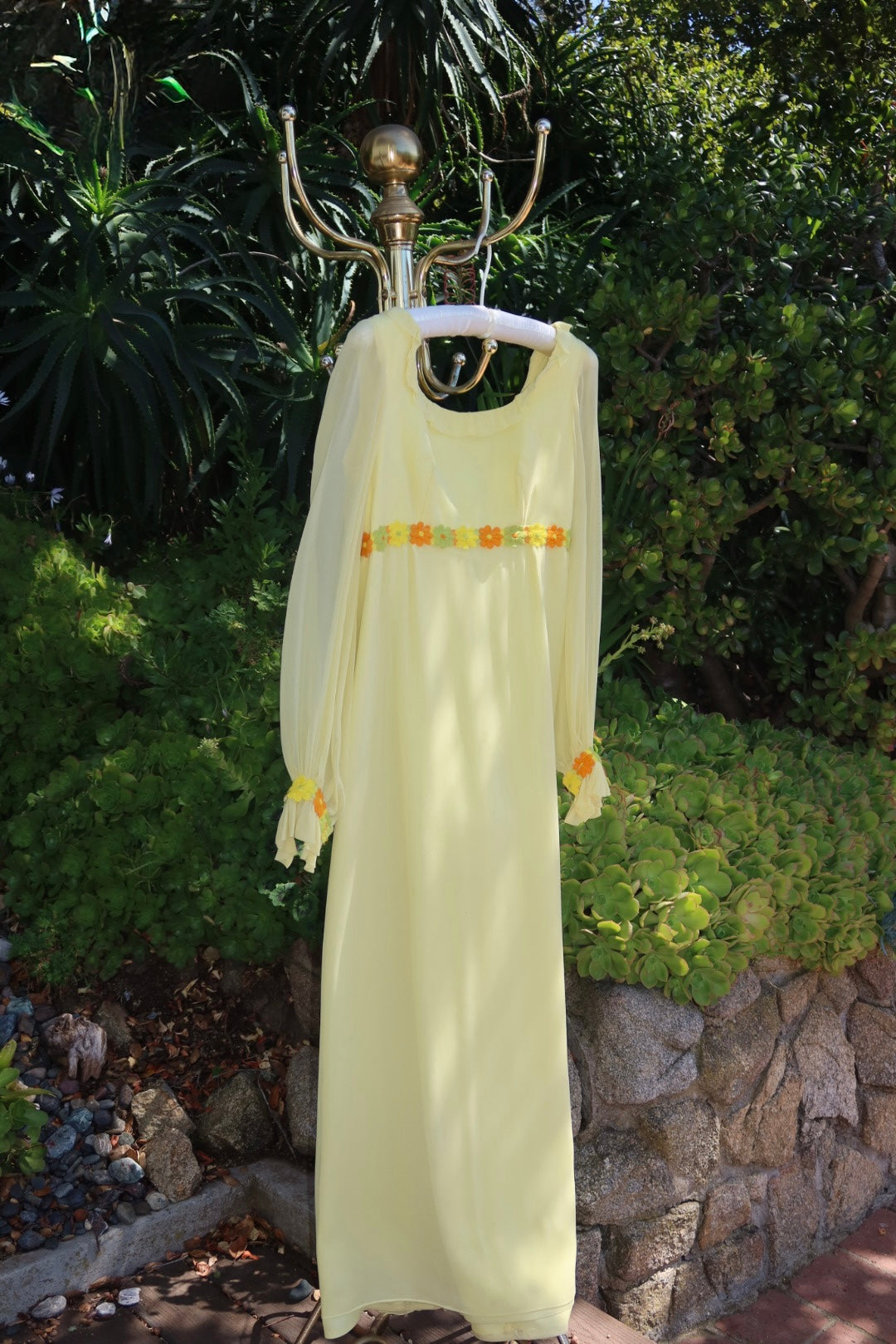 1960s Butter Yellow Chiffon Daisy Appliqué Maxi Dress with Ruffle Neckline