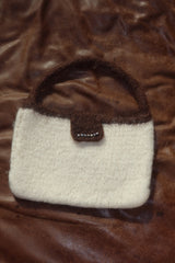 Vintage Cream and Chocolate Knit Wool Handbag with Rhinestone Flap Detail