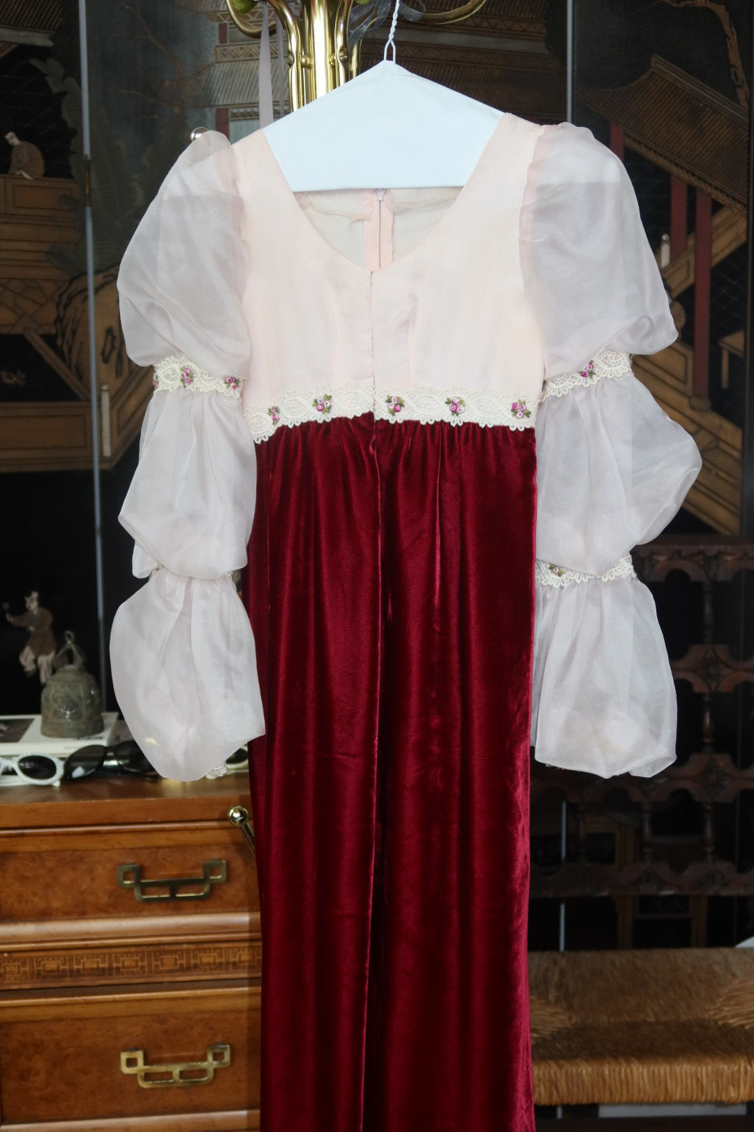 1970s Victorian Revival Crimson Velvet Blush Organza Balloon Sleeve Maxi Gown