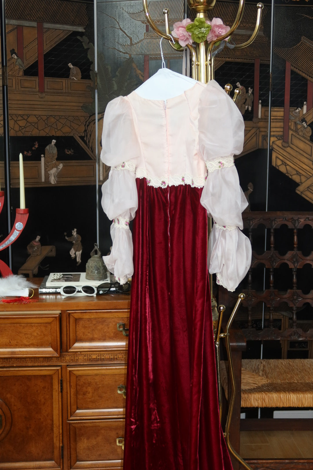 1970s Victorian Revival Crimson Velvet Blush Organza Balloon Sleeve Maxi Gown