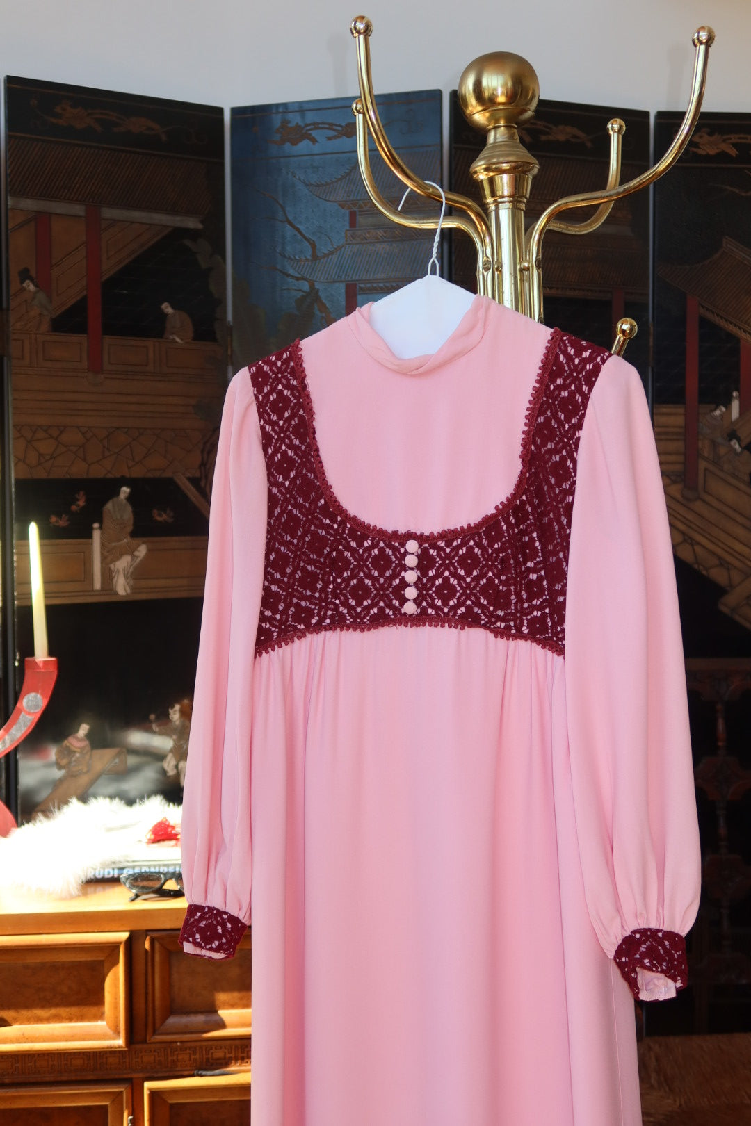 1970s Blush Pink Maxi Dress with Burgundy Crochet Lace Empire Bodice and Bishop Sleeves