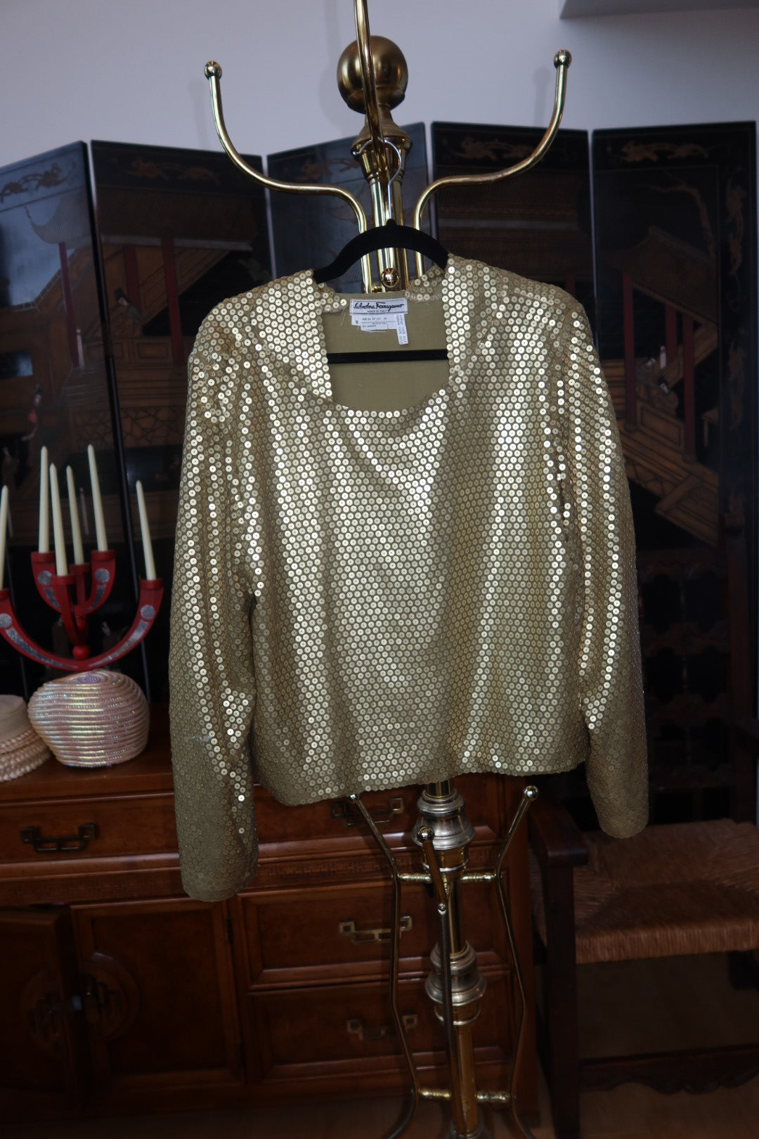 Vintage Salvatore Ferragamo Gold Sequin Silk Top Long Sleeve Evening Blouse Made in Italy S