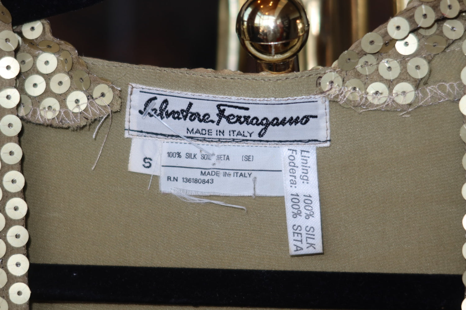 Vintage Salvatore Ferragamo Gold Sequin Silk Top Long Sleeve Evening Blouse Made in Italy S