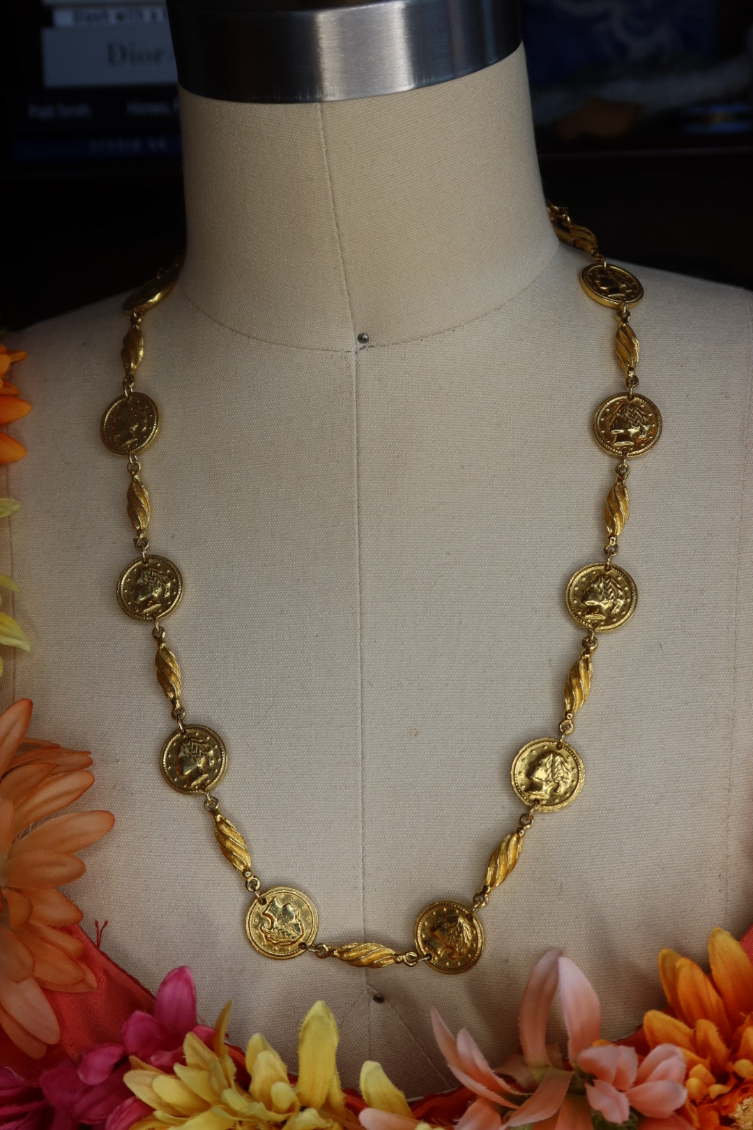 Vintage Gold Tone Roman Coin Necklace Etruscan Revival Toggle Clasp