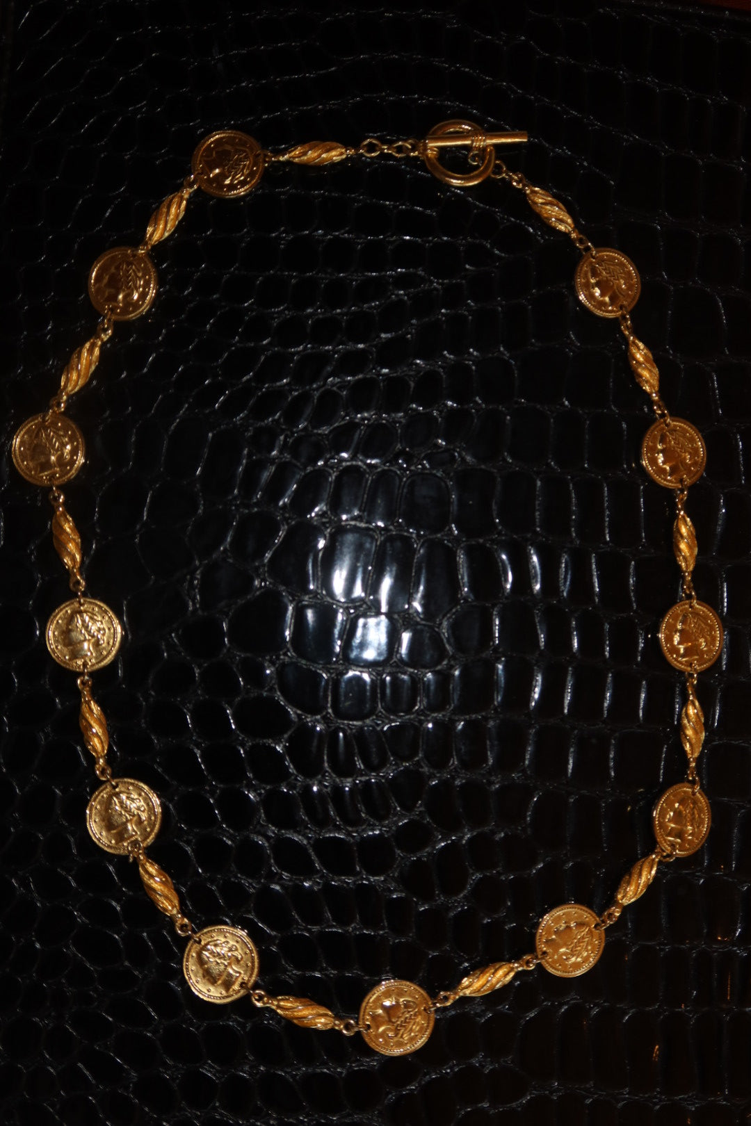 Vintage Gold Tone Roman Coin Necklace Etruscan Revival Toggle Clasp
