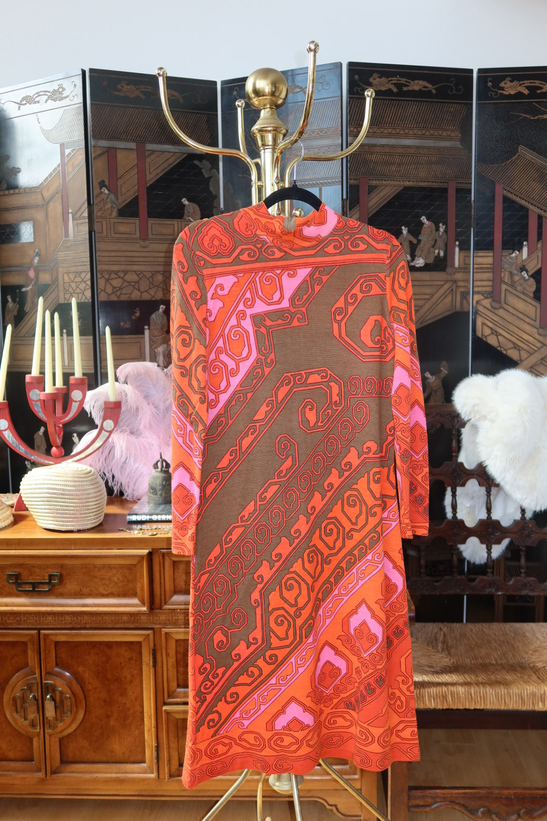 1970s Pink Orange Brown Geometric Knit Mod Midi Dress