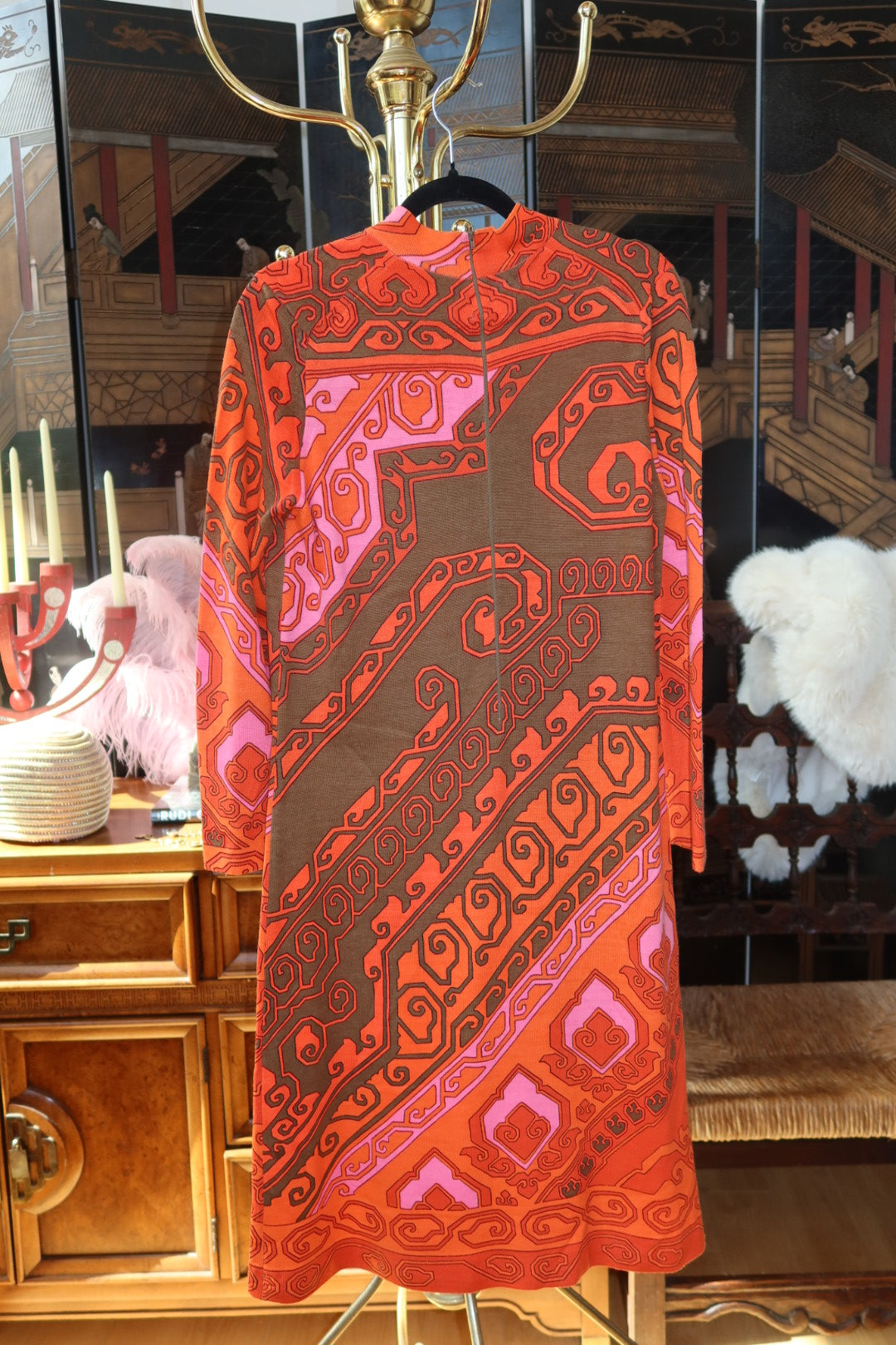 1970s Pink Orange Brown Geometric Knit Mod Midi Dress