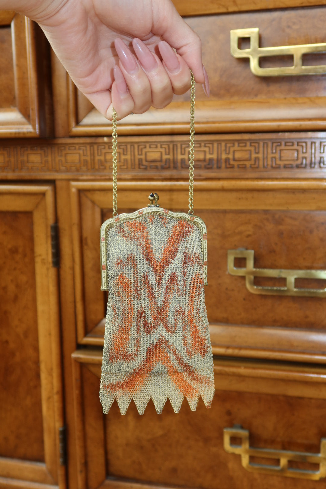 Antique 1900-1915 Painted Mesh Purse with Zigzag Fringe