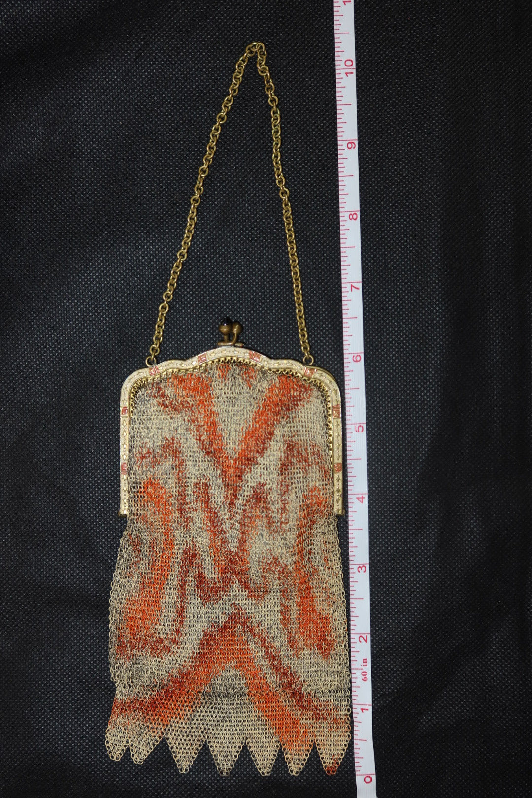 Antique 1900-1915 Painted Mesh Purse with Zigzag Fringe