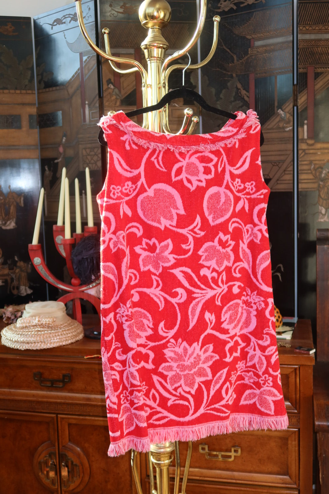 Vintage 1960s Lady Pepperell Red and Pink Floral Terrycloth Beach Mini Shift Dress
