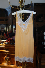 Vintage 1960s Stern Kreuz Peach Sheer Slip with White Lace and Ribbon Bows