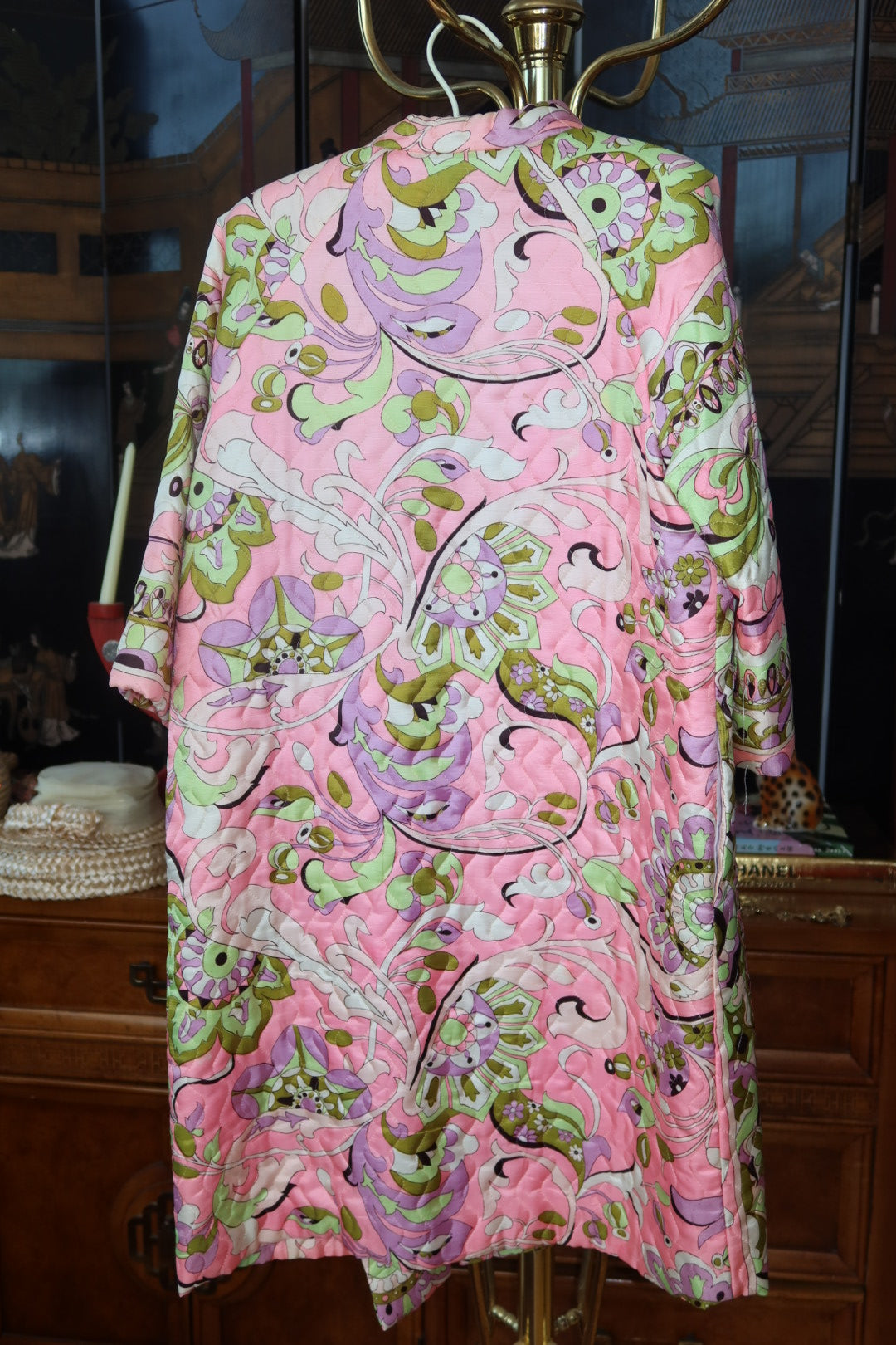 Vintage 60s Saks Fifth Avenue Pink and Lavender Psychedelic Quilted Robe