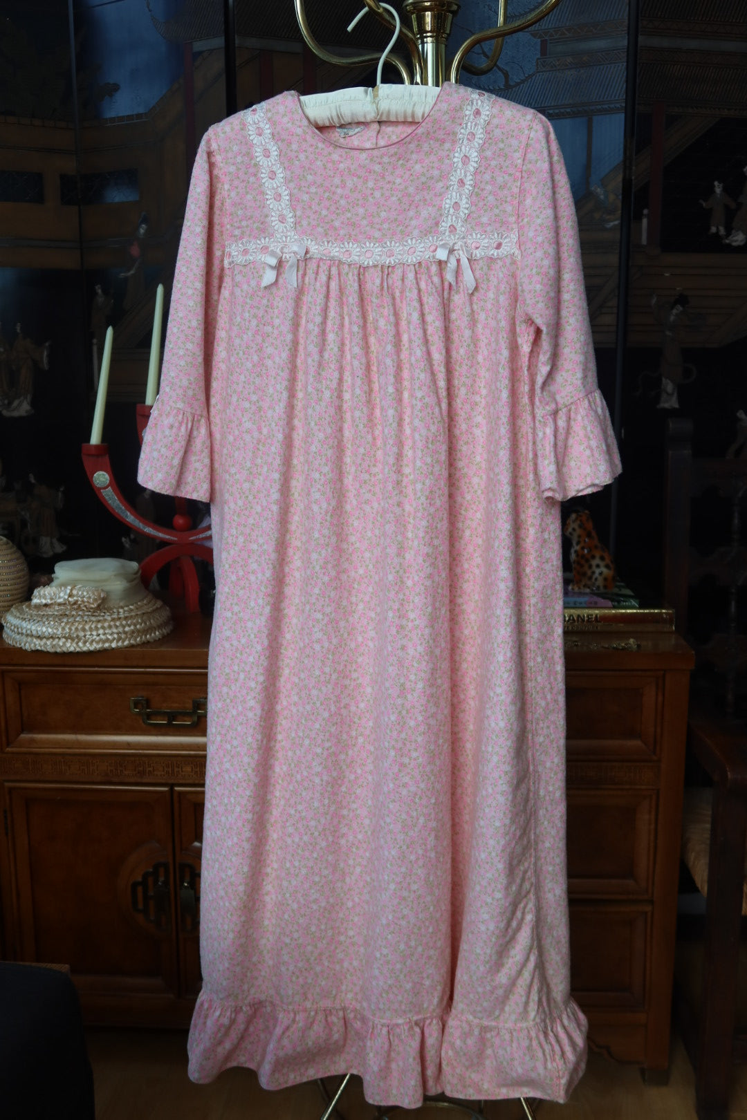 Vintage 1970s Slumber Suit Pink Floral Flannel Prairie Nightgown with Daisy Lace and Ribbon Bows