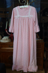 Vintage 1970s Slumber Suit Pink Floral Flannel Prairie Nightgown with Daisy Lace and Ribbon Bows