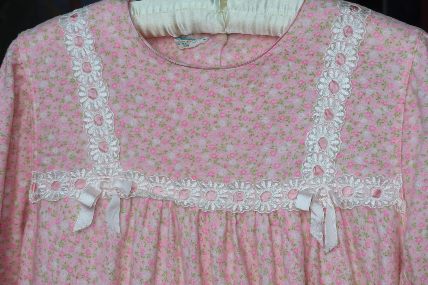 Vintage 1970s Slumber Suit Pink Floral Flannel Prairie Nightgown with Daisy Lace and Ribbon Bows