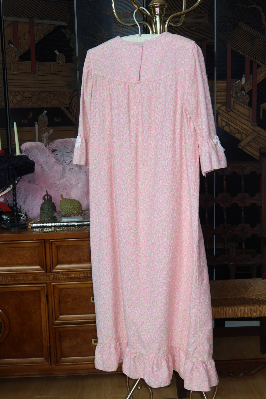 Vintage 1970s Slumber Suit Pink Floral Flannel Prairie Nightgown with Daisy Lace and Ribbon Bows