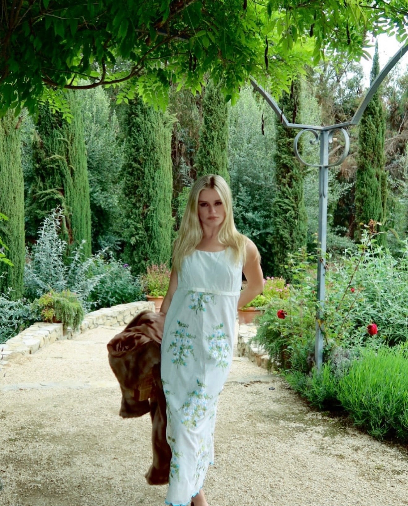 1960s Tesoro's Manila Philippines Hand Embroidered Cream Maxi Dress Floral