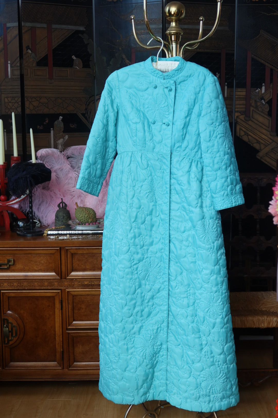 Vintage 1960s Nordstrom Best Turquoise Trapunto Quilted Mandarin Collar Hostess Robe