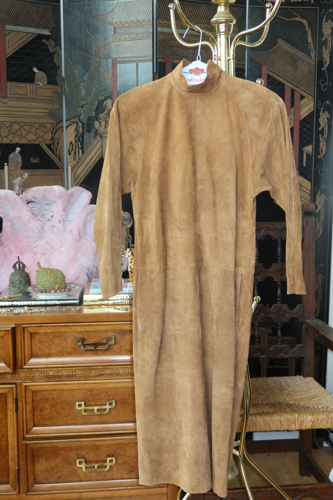 Vintage JH Collectibles Tobacco Suede Mandarin Collar Button Front Shirt Dress