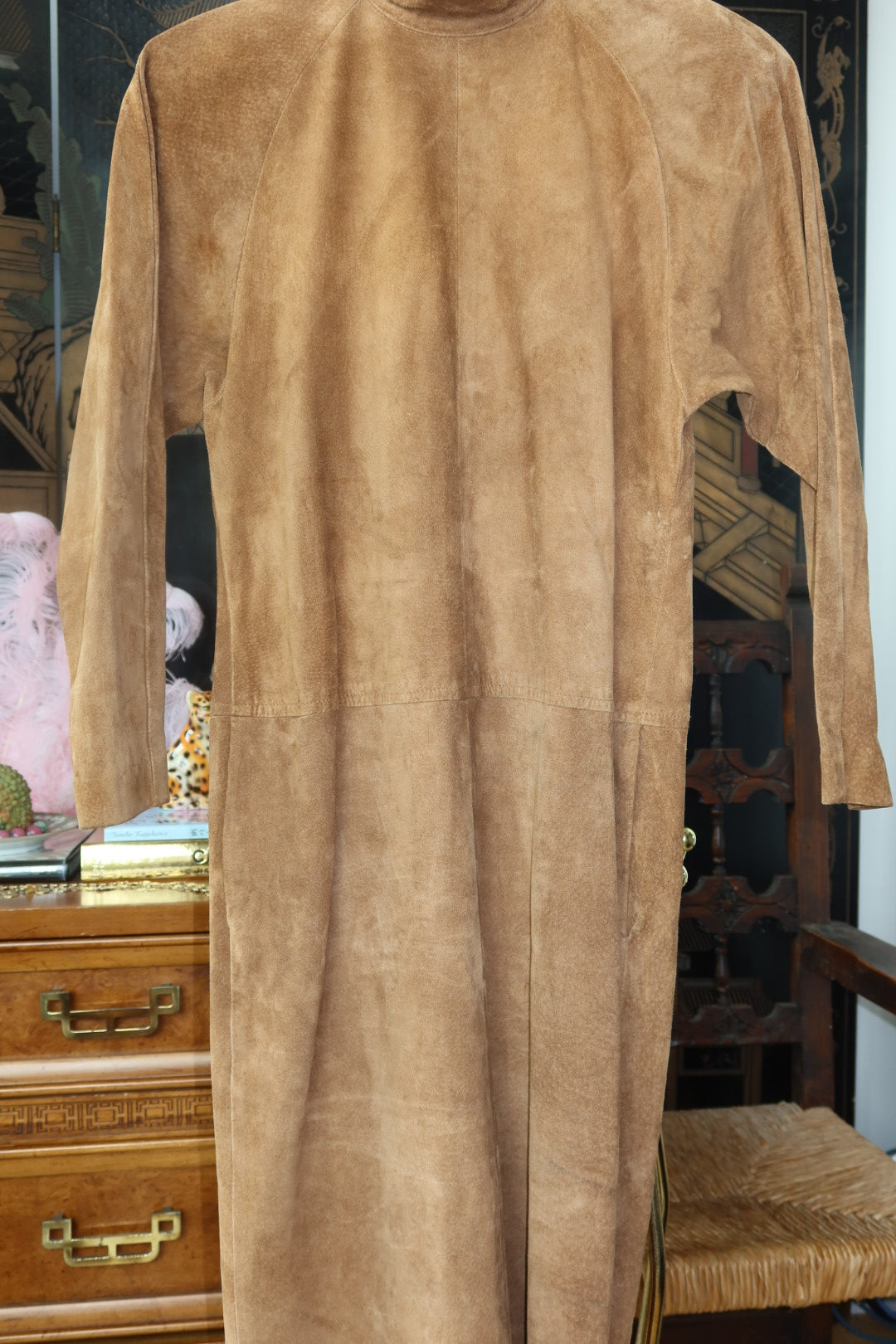Vintage JH Collectibles Tobacco Suede Mandarin Collar Button Front Shirt Dress