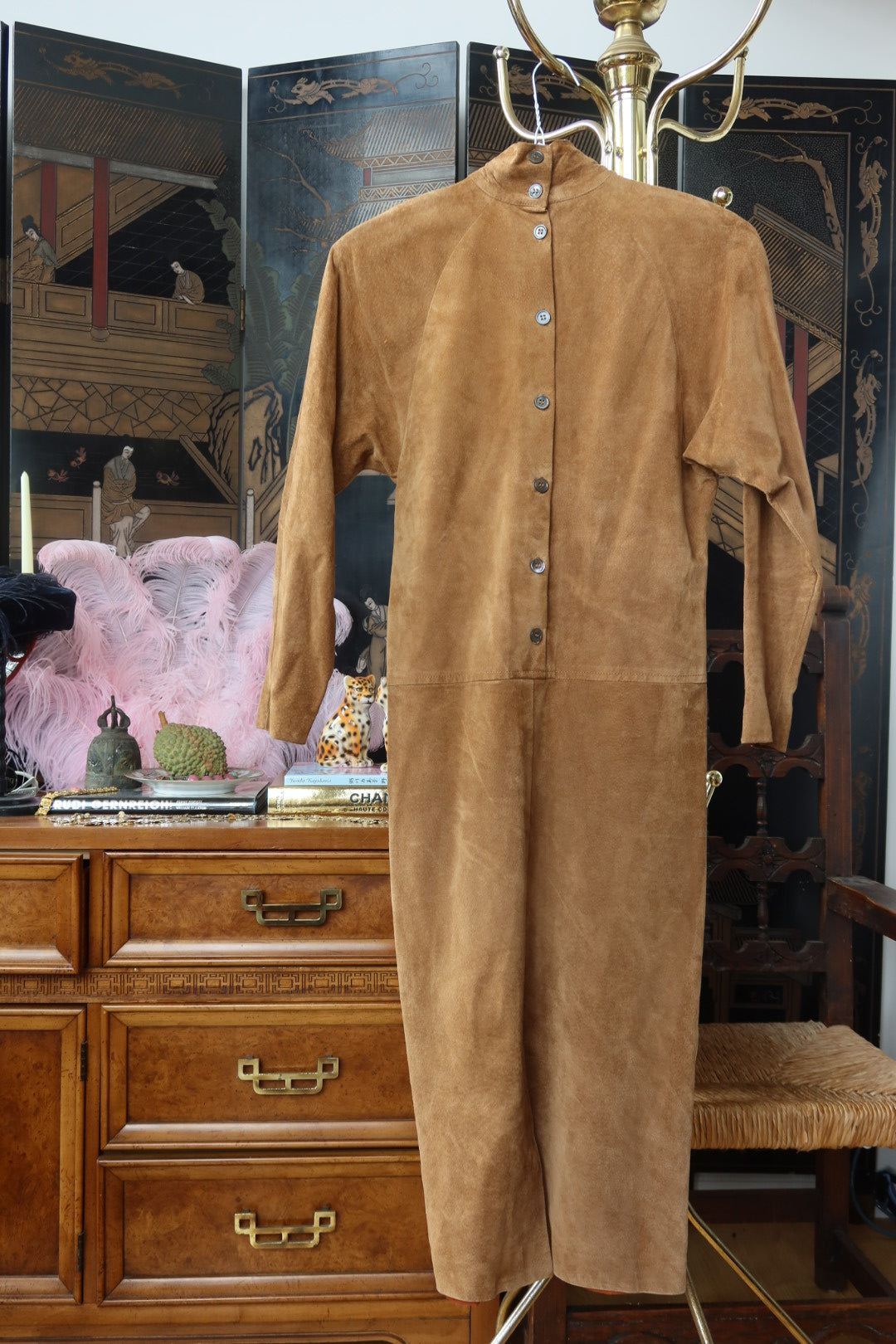 Vintage JH Collectibles Tobacco Suede Mandarin Collar Button Front Shirt Dress