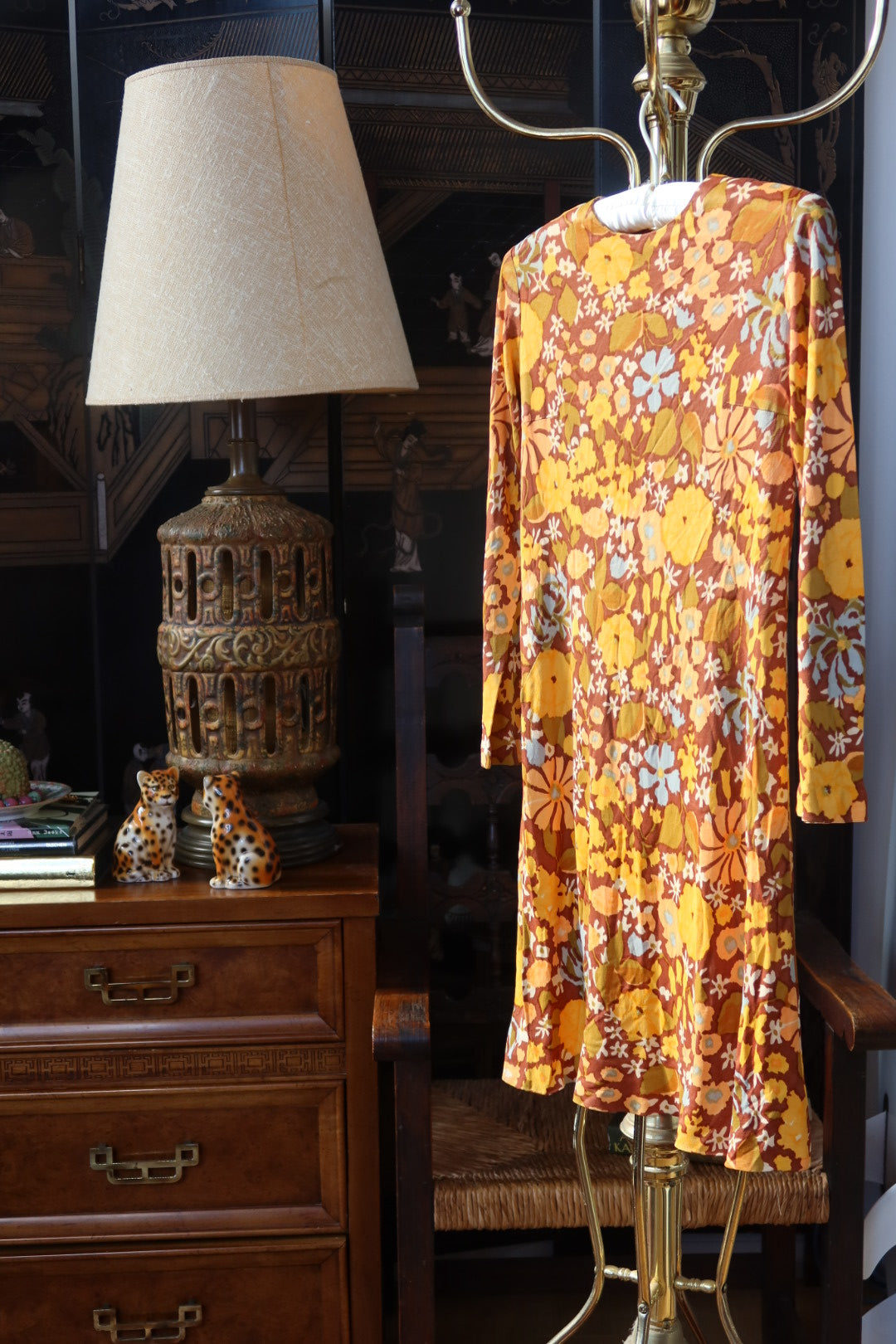 Vintage Late 1960s Flower Power Mod Mini Dress in Marigold and Cocoa Floral Print