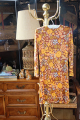 Vintage Late 1960s Flower Power Mod Mini Dress in Marigold and Cocoa Floral Print