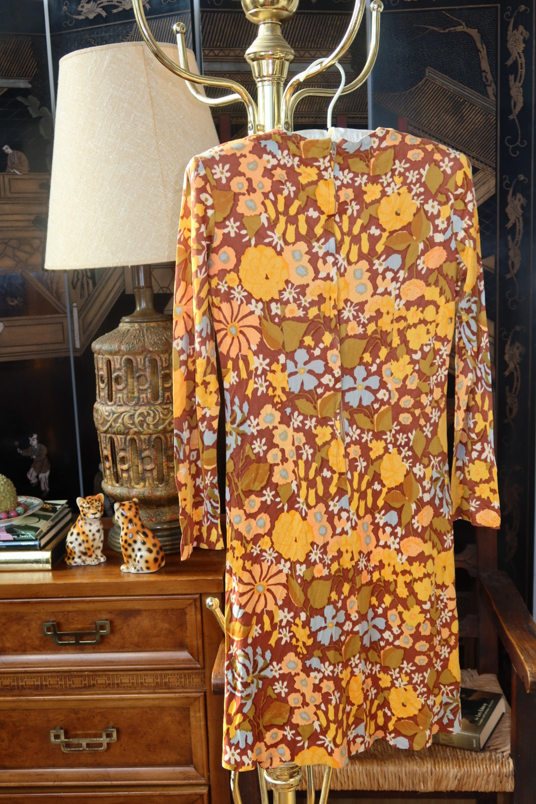 Vintage Late 1960s Flower Power Mod Mini Dress in Marigold and Cocoa Floral Print