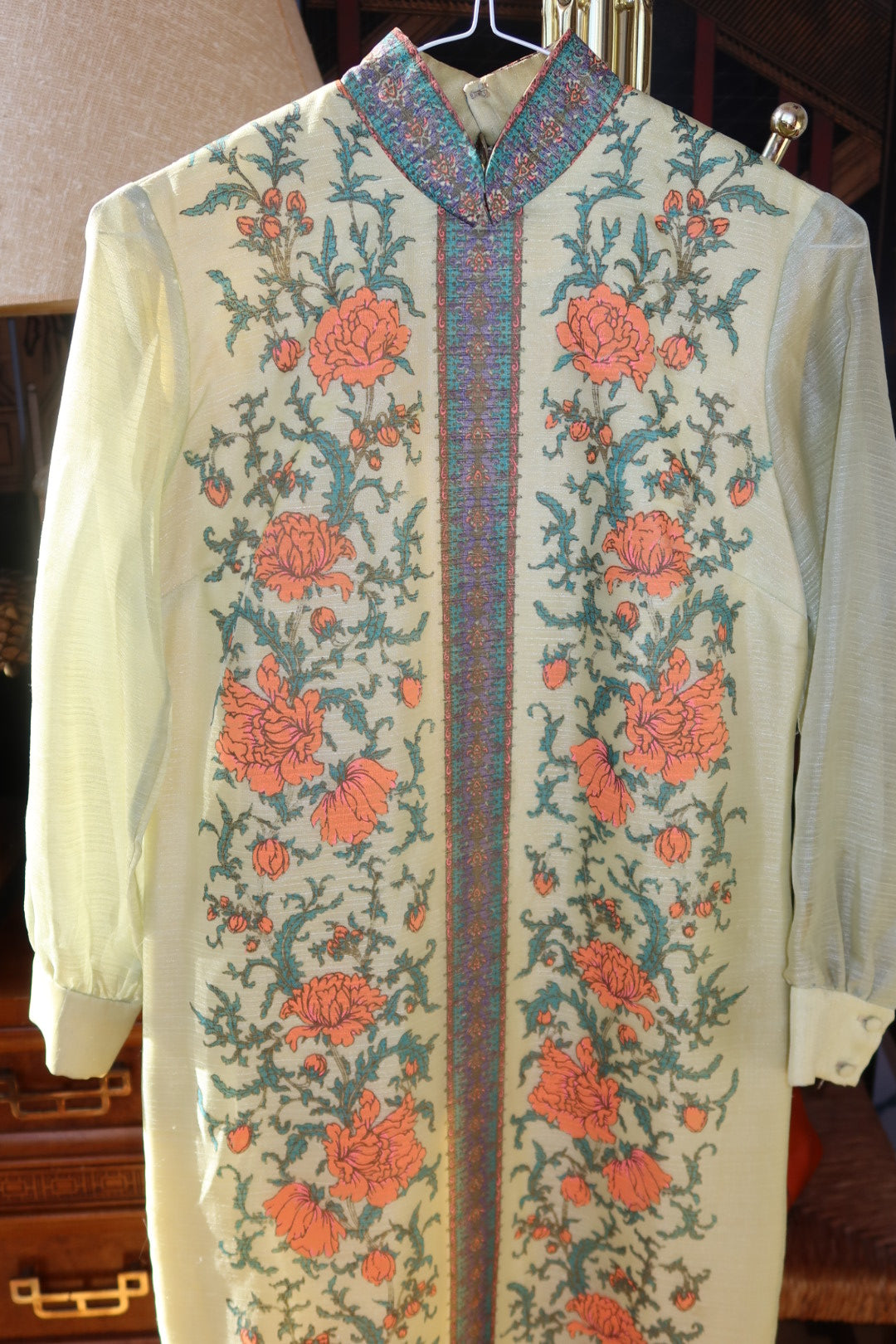Alfred Shaheen Vintage Caftan Maxi Dress 1970s Floral Mandarin Collar