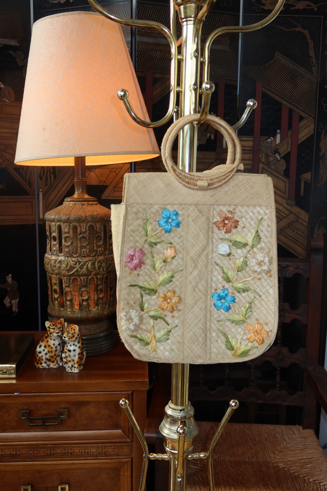 Vintage 1960s Straw Market Tote with Hand-Embroidered Raffia Florals