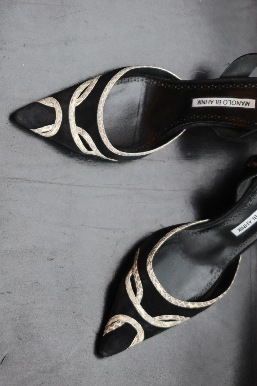 Manolo Blahnik Black Suede Pointed-Toe Slingbacks with White Snakeskin Trim