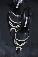 Manolo Blahnik Black Suede Pointed-Toe Slingbacks with White Snakeskin Trim
