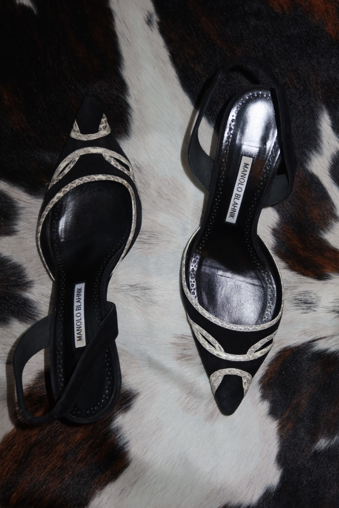 Manolo Blahnik Black Suede Pointed-Toe Slingbacks with White Snakeskin Trim
