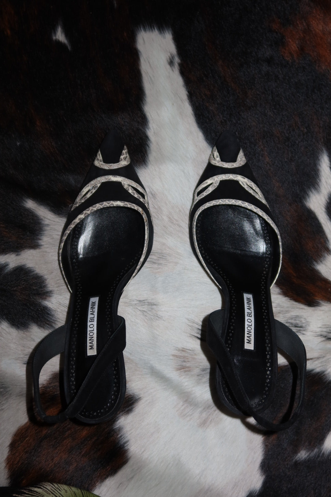 Manolo Blahnik Black Suede Pointed-Toe Slingbacks with White Snakeskin Trim