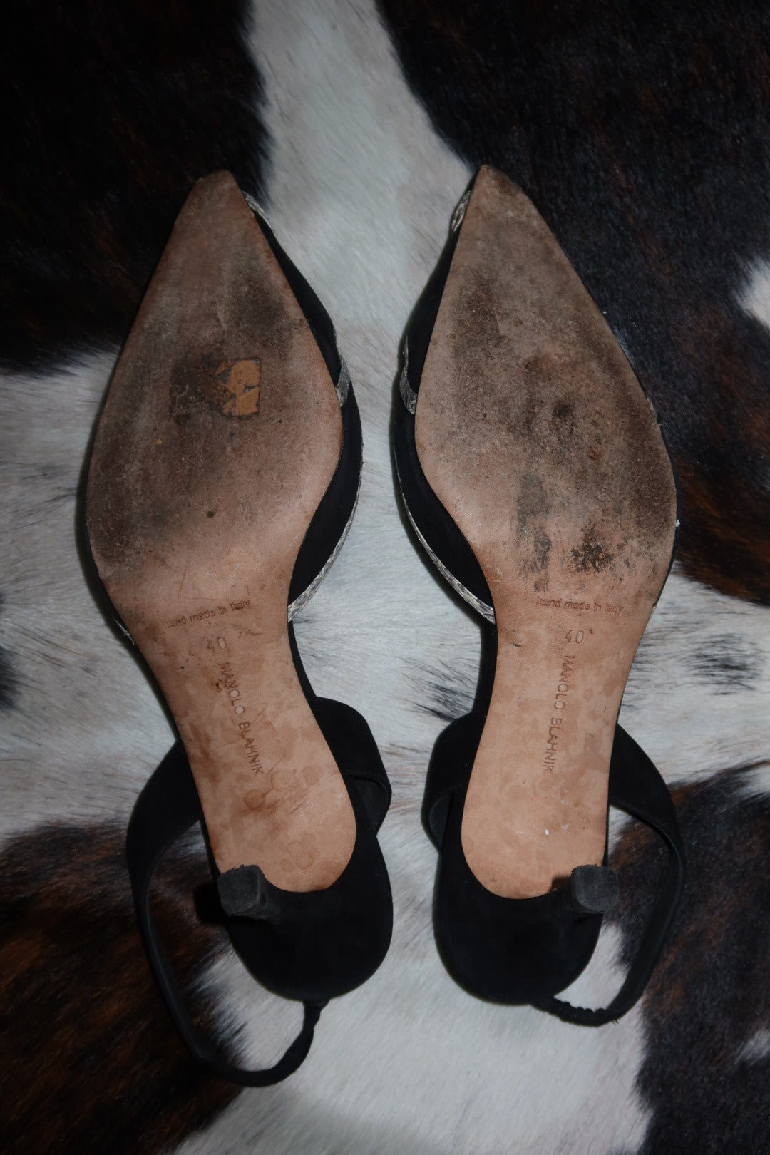 Manolo Blahnik Black Suede Pointed-Toe Slingbacks with White Snakeskin Trim