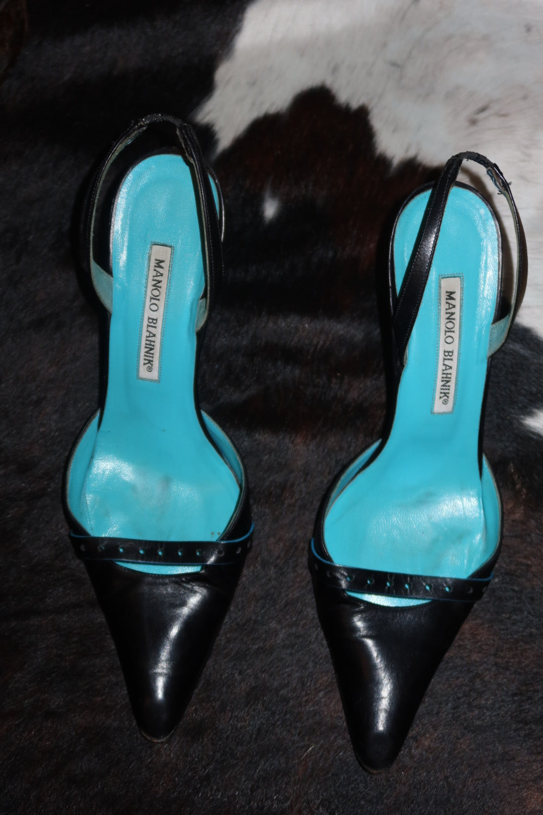 Manolo Blahnik Black Leather Pointed-Toe Slingbacks with Turquoise Leather Lining