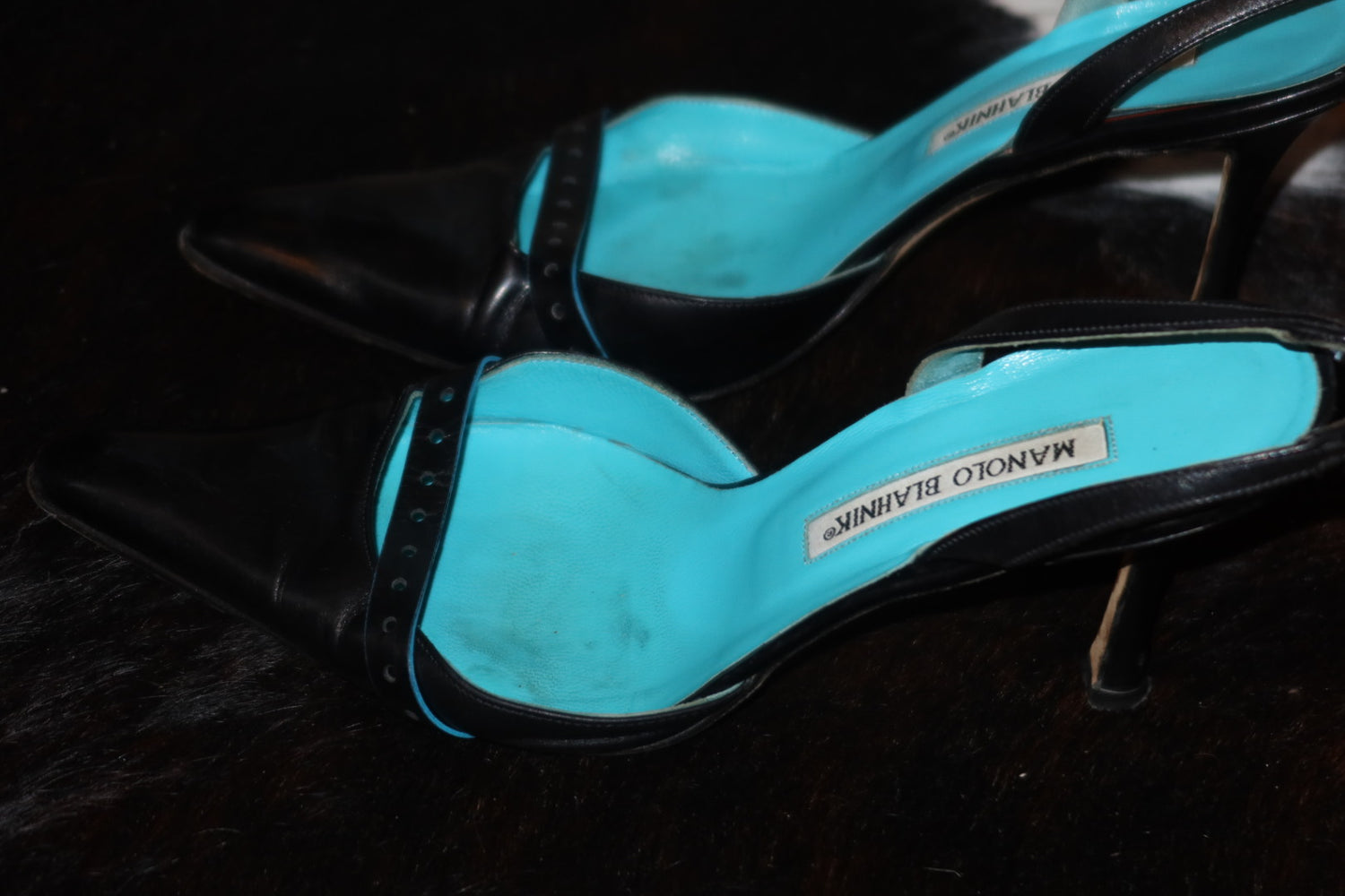 Manolo Blahnik Black Leather Pointed-Toe Slingbacks with Turquoise Leather Lining