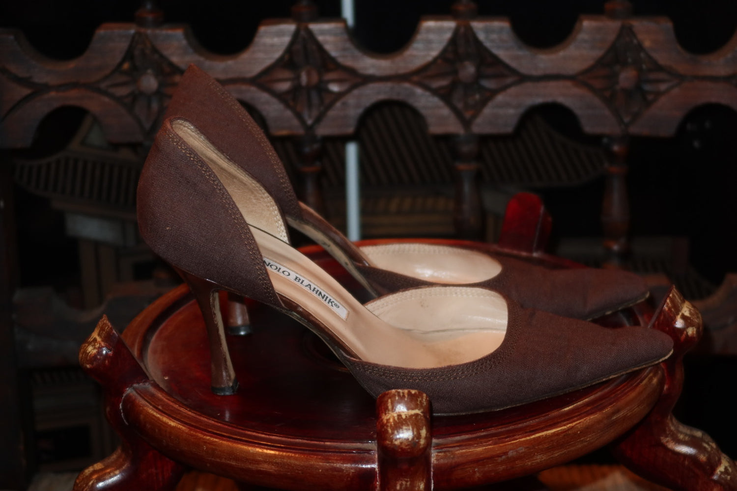 Manolo Blahnik Black Leather Pointed-Toe Slingbacks with Turquoise Leather Lining,