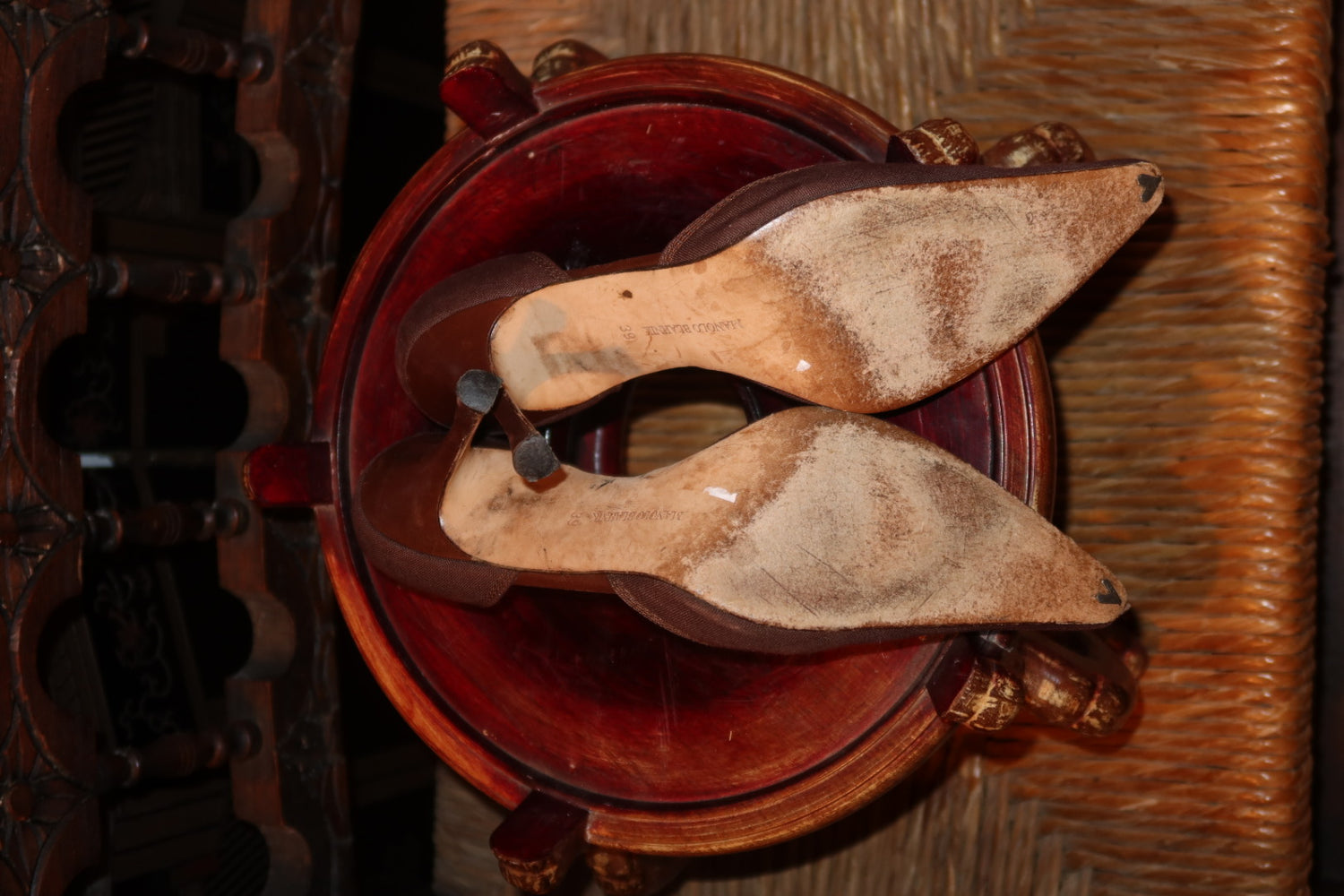 Manolo Blahnik Black Leather Pointed-Toe Slingbacks with Turquoise Leather Lining,