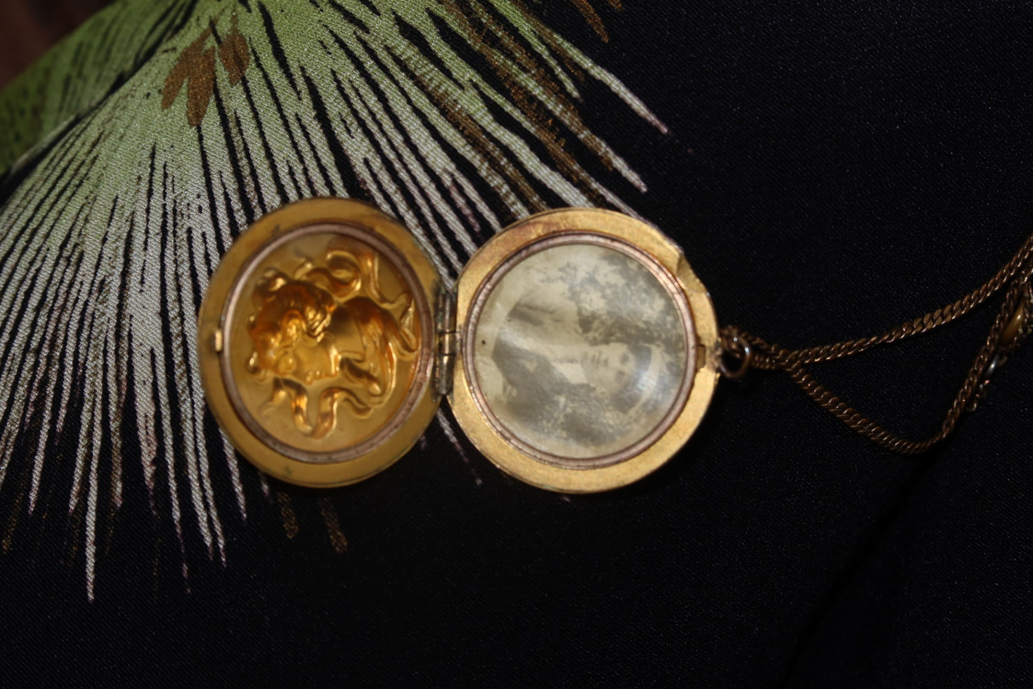 Antique Art Nouveau Locket Necklace Brass with Original Photo