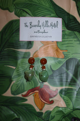 Vintage Statement Drop Earrings Green and Amber Stones Clip-On