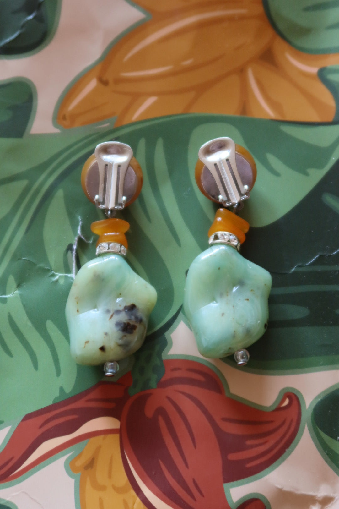 Vintage Statement Drop Earrings Green and Amber Stones Clip-On