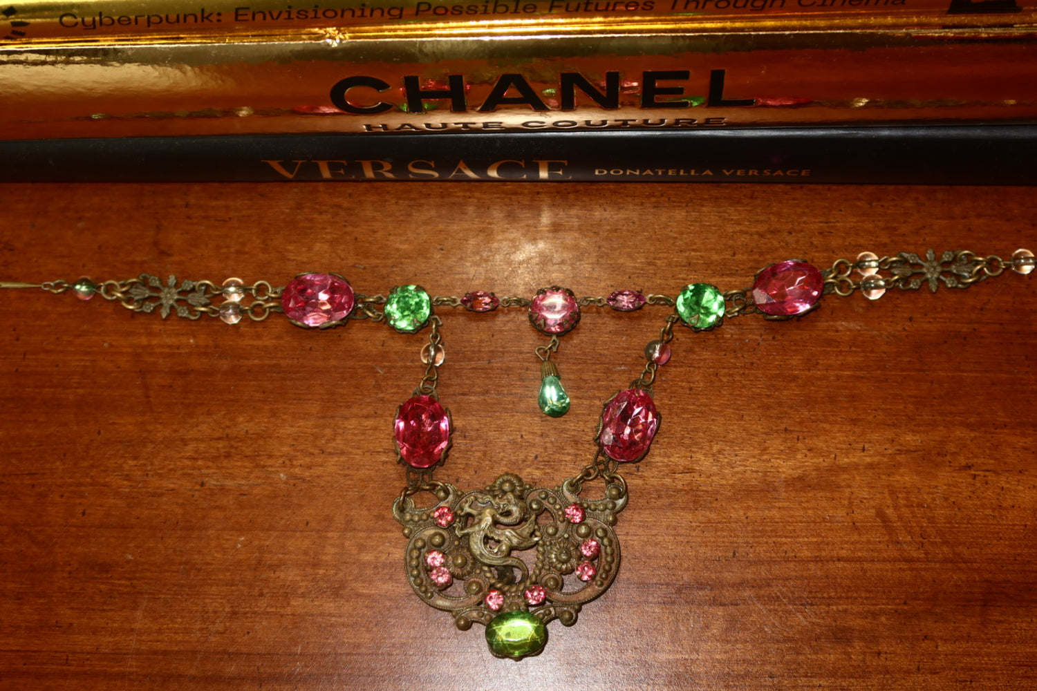 Vintage Czech Dragon Necklace, Pink & Green Bib, Bohemian Art Deco