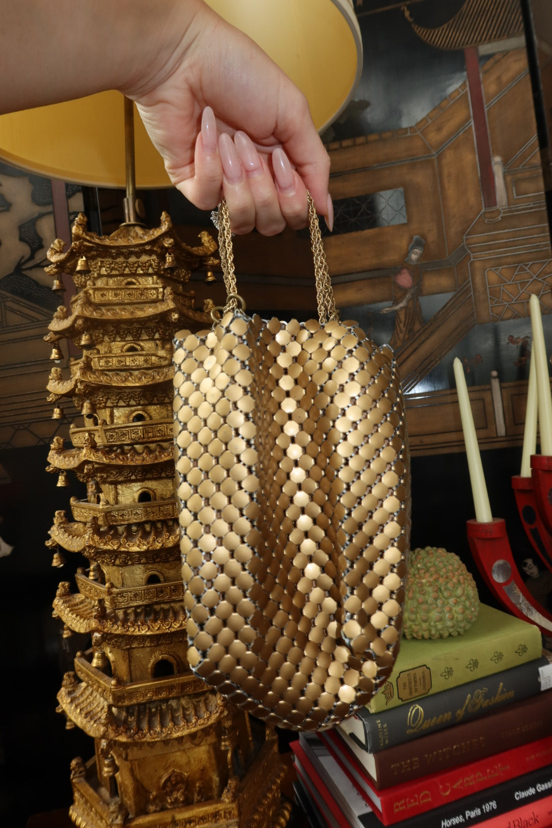 Whiting & Davis Gold Mesh Drawstring Evening Bag, 1940s Vintage