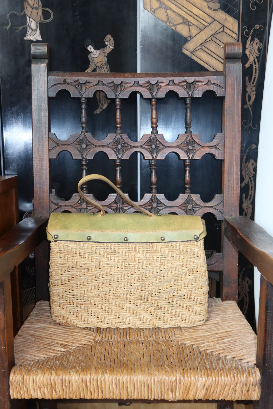 Vintage 1960s Woven Straw & Green Leather Briefcase Handbag
